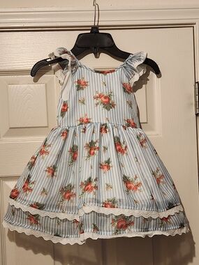 Pippa & Julie Blue Striped Dress with Pink Rose Print